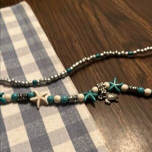 Turquoise and Silver Beaded bracelet a turtle charm